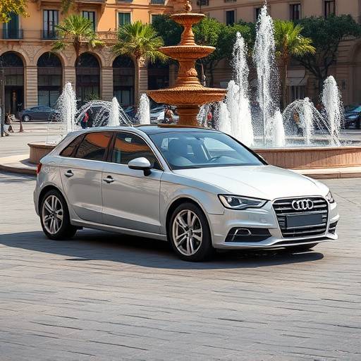 Audi A3 plateado estacionado en una plaza de Valencia con una fuente en el fondo.