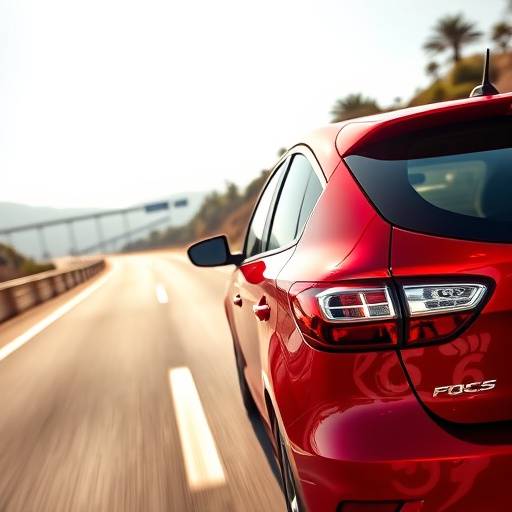 Ford Focus rojo brillante circulando por la autopista cerca de Valencia.