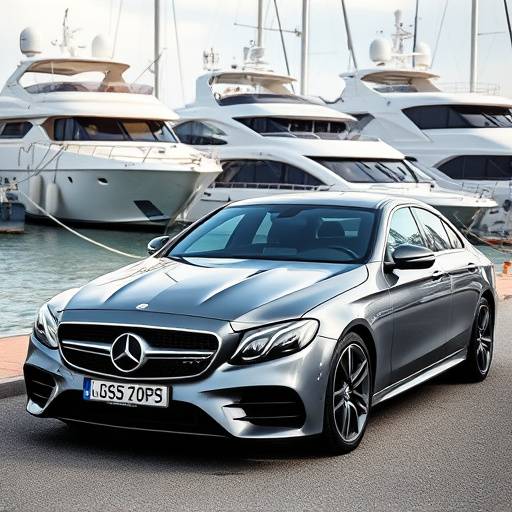 Mercedes-Benz Clase C gris metalizado aparcado en el puerto de Valencia, con yates de fondo.