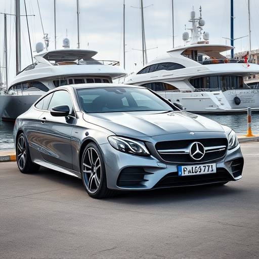 Mercedes-Benz Clase C gris metalizado aparcado en el puerto de Valencia, con yates de fondo.