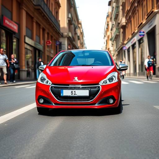Peugeot 208 rojo vibrante circulando por una calle peatonal en el centro de Valencia.