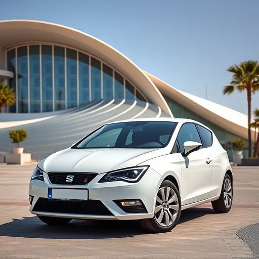Seat Ibiza blanco estacionado frente a la Ciudad de las Artes y las Ciencias en Valencia.
