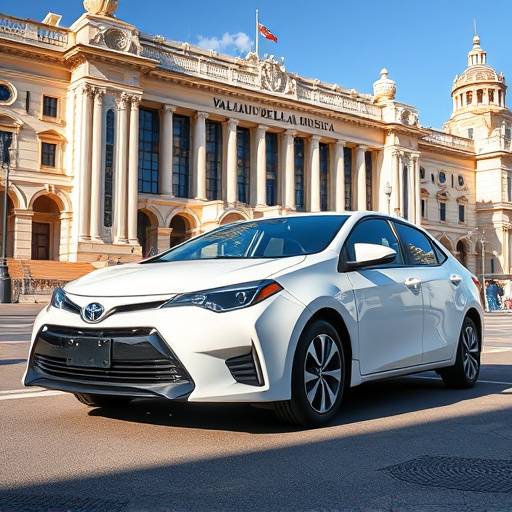Toyota Corolla híbrido blanco estacionado frente al Palau de la Müsica de Valencia.