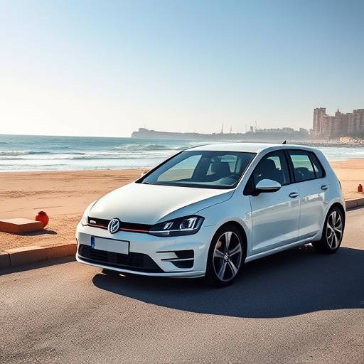 Volkswagen Golf blanco estacionado cerca de la playa de la Malvarrosa en Valencia.